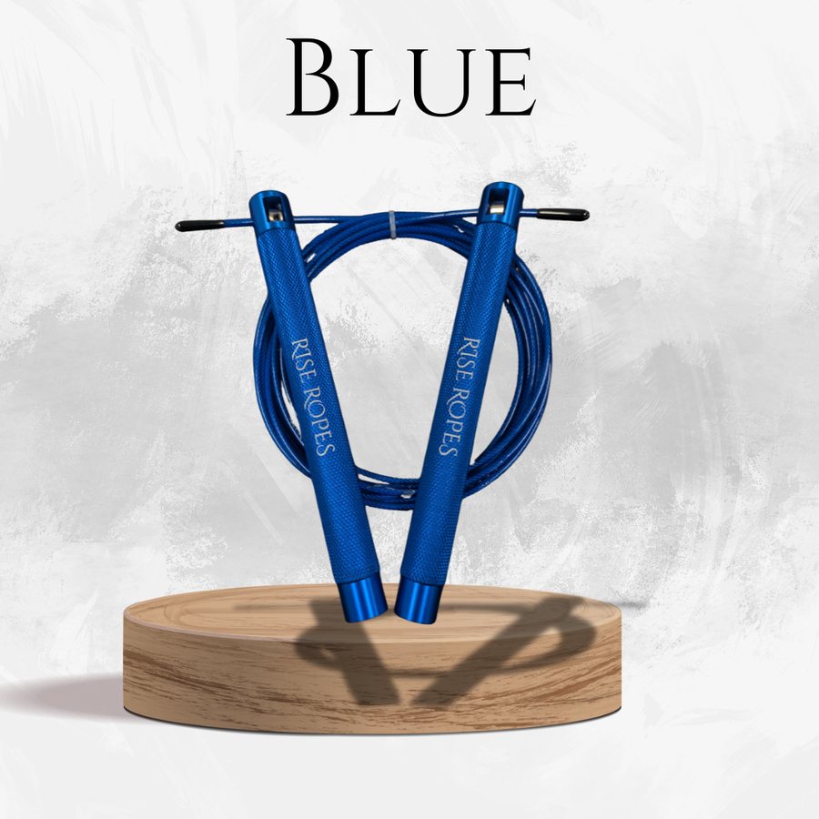 Rise Speed Rope in Blue, with ball-bearing swivel handles and knurled aluminum grips
