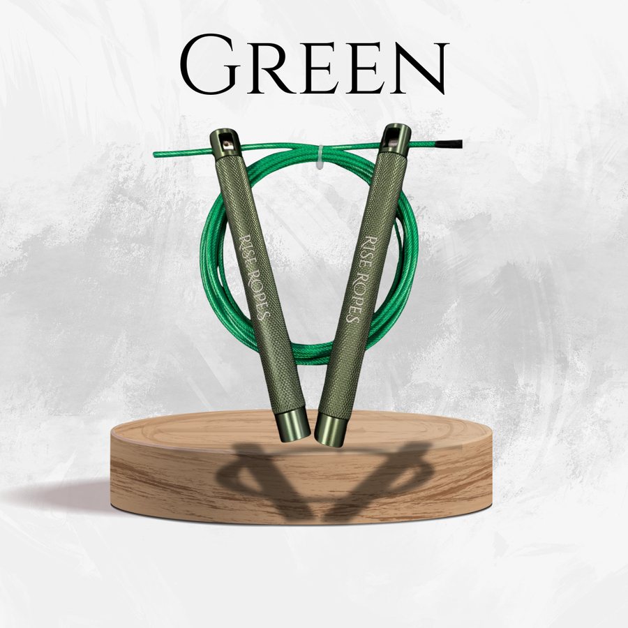Rise Speed Rope in Green, with ball-bearing swivel handles and knurled aluminum grips