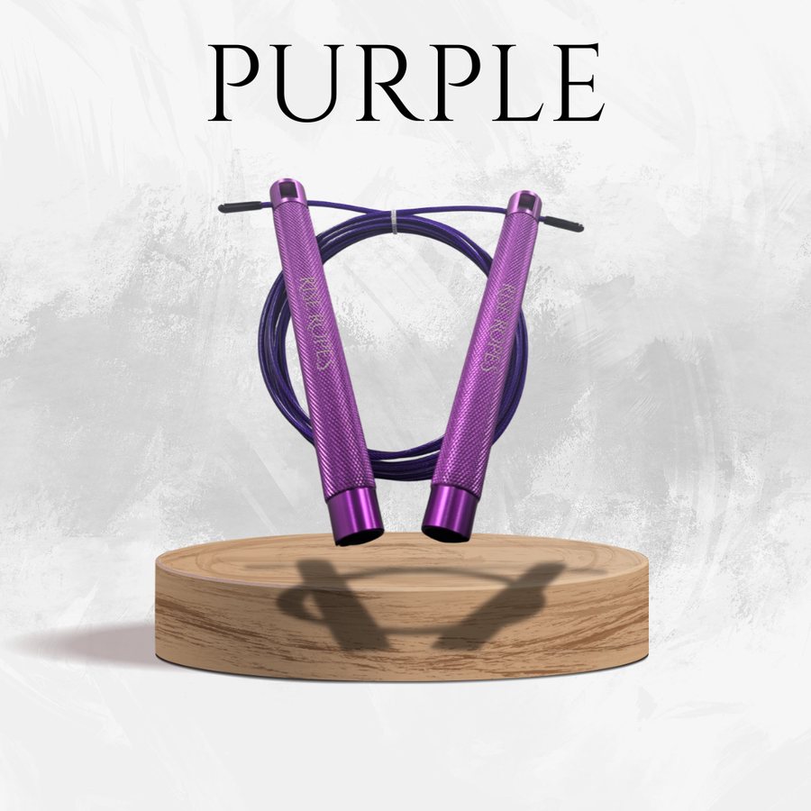 Rise Speed Rope in Purple, with ball-bearing swivel handles and knurled aluminum grips