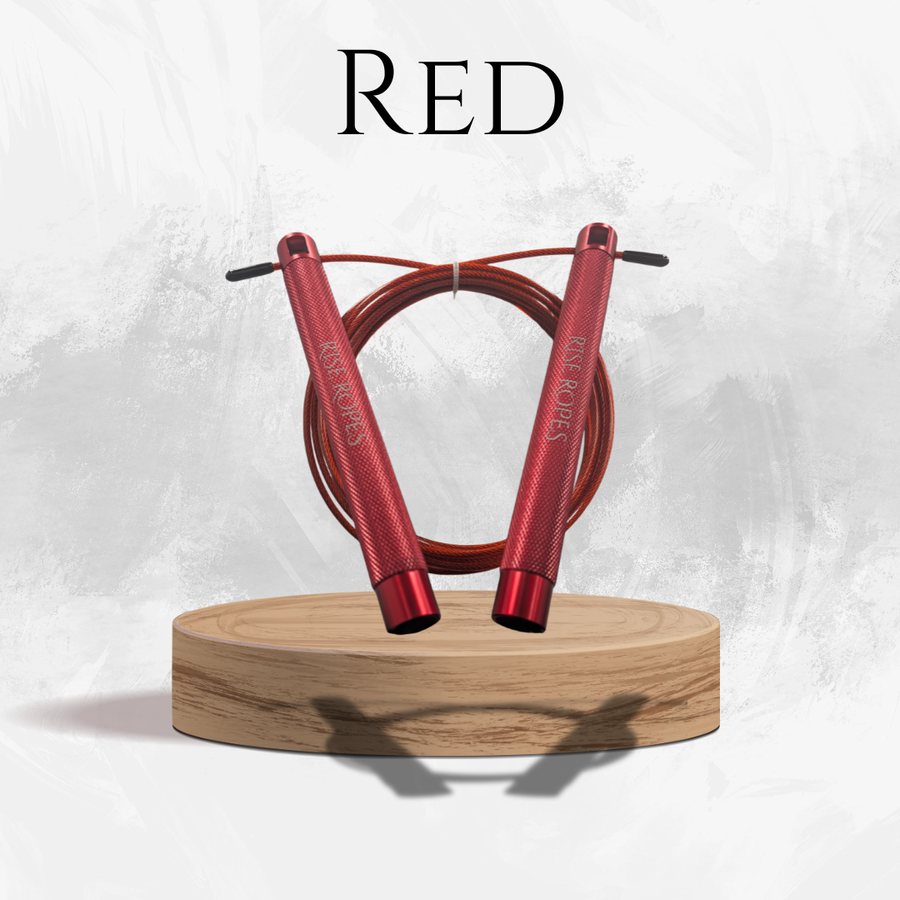 Rise Speed Rope in Red, with ball-bearing swivel handles and knurled aluminum grips